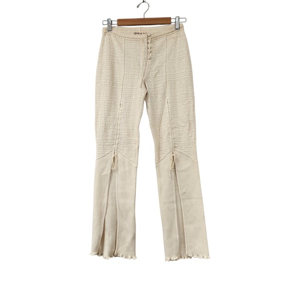 White Llama Pants - White Llama Sz Small Crocheted Handcrafted Knit Flare Pants Lace-Up Boho Hippie